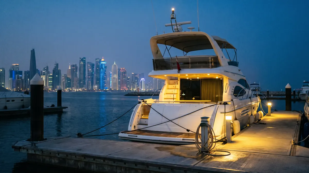 Yachts for sale in the Middle East, motor yacht berthed in a Gulf marina at dusk