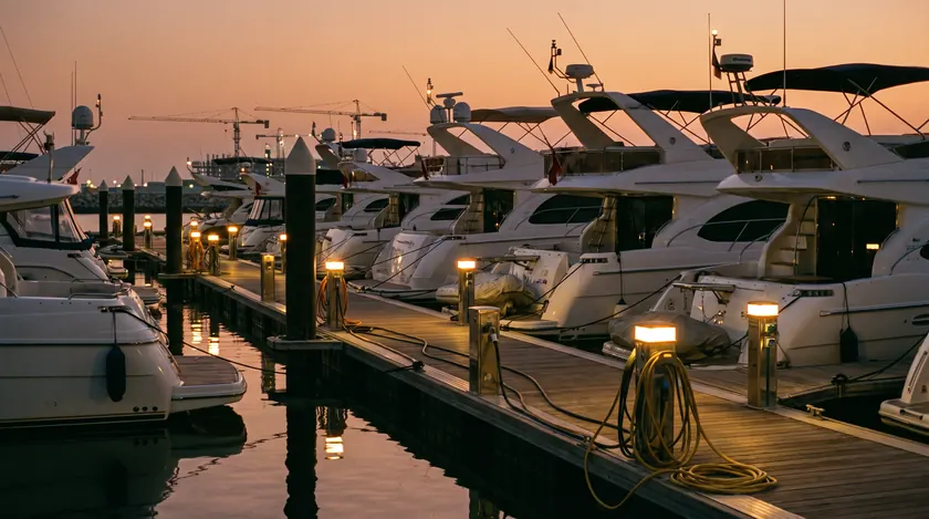 Yachts for sale berthed in a Gulf marina at dusk